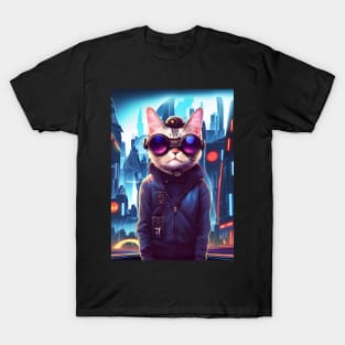 Cool Japanese Techno Cat In Future World Japan Neon City T-Shirt